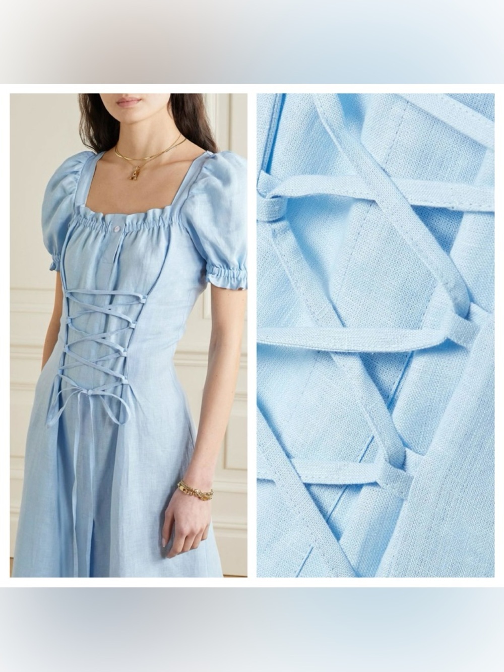 Sleeper Marquise Lace-Up Linen Midi Dress Blue Puff Sleeve Corset Cottagecore M - Picture 12 of 12